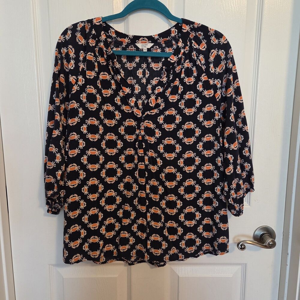Crown & Ivy Navy & Orange Crab Print Blouse Women's LARGE